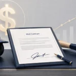 Shohei Ohtani contract illustration showing a signed MLB contract on a modern desk with a baseball bat, helmet, glowing dollar symbol, and upward financial graph representing a record-breaking $700M deal.
