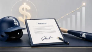 Shohei Ohtani contract illustration showing a signed MLB contract on a modern desk with a baseball bat, helmet, glowing dollar symbol, and upward financial graph representing a record-breaking $700M deal.