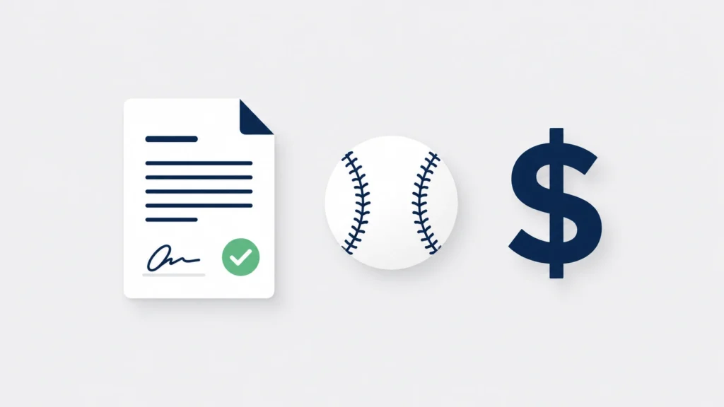 Minimal Shohei Ohtani contract illustration with a contract document icon, baseball, and dollar sign arranged cleanly on a light background representing a major MLB deal.