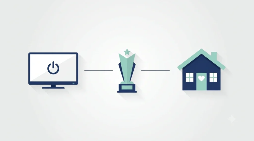 Simple flat-design illustration symbolizing Joanna Garcia Swisher with a TV icon, award trophy, and family home connected by clean lines on a light gray minimalist background.