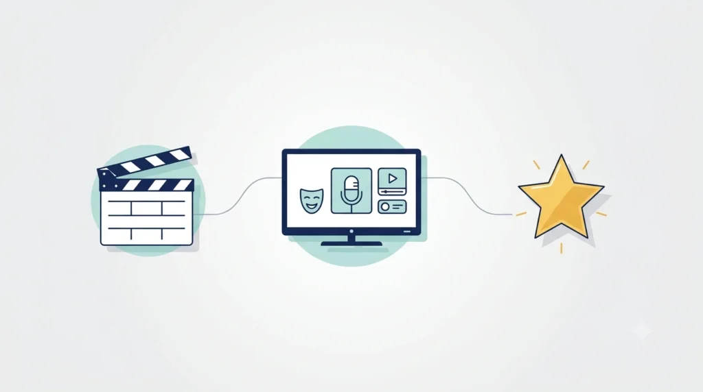 Professional minimalist illustration representing Joanna Garcia Swisher's acting career with a film clapperboard, television screen, and achievement star connected by modern lines on a clean light gray background.