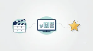 Professional minimalist illustration representing Joanna Garcia Swisher's acting career with a film clapperboard, television screen, and achievement star connected by modern lines on a clean light gray background.