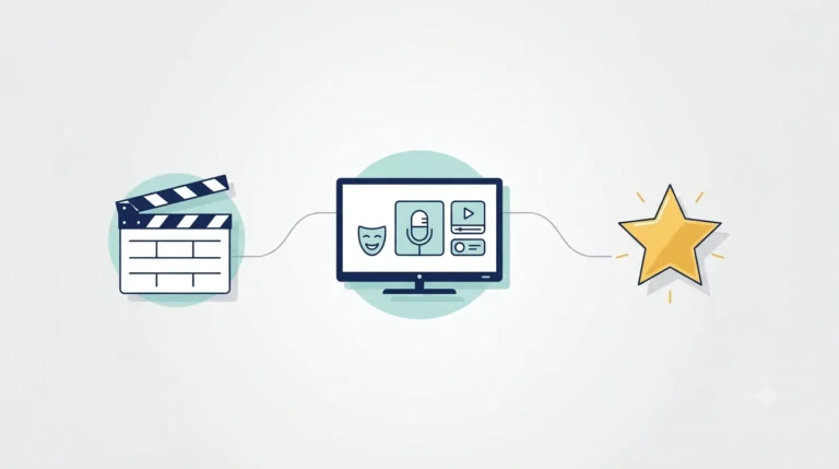 Professional minimalist illustration representing Joanna Garcia Swisher's acting career with a film clapperboard, television screen, and achievement star connected by modern lines on a clean light gray background.