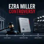 Professional editorial illustration representing the Ezra Miller controversy with a courthouse, judge's gavel, legal documents, movie clapperboard, caution icon, and a connected legal timeline in a clean 16:9 landscape layout.