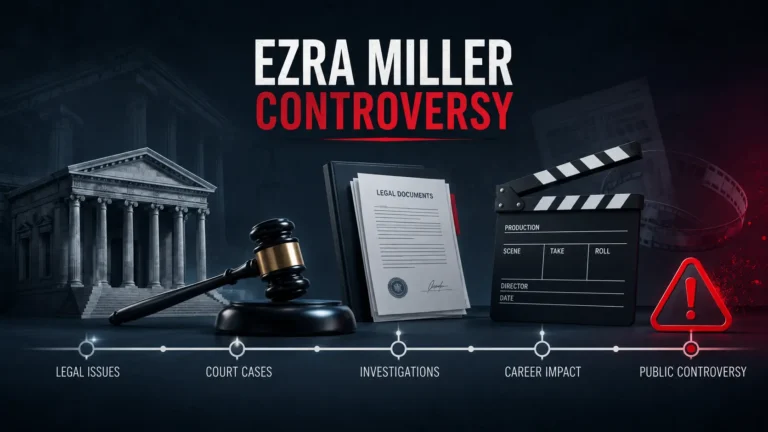 Professional editorial illustration representing the Ezra Miller controversy with a courthouse, judge's gavel, legal documents, movie clapperboard, caution icon, and a connected legal timeline in a clean 16:9 landscape layout.