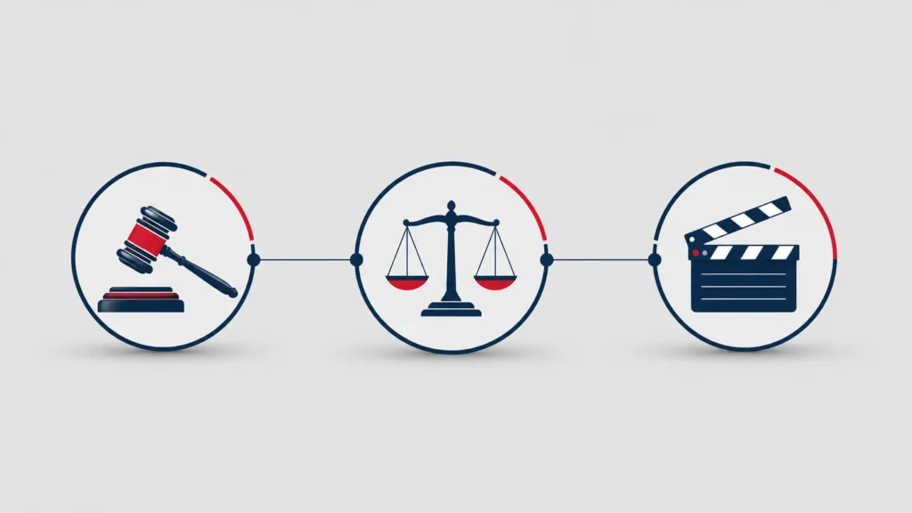 Minimalist illustration of the Ezra Miller controversy featuring a judge's gavel, scales of justice, and a movie clapperboard connected by thin lines on a light gray background in a clean 16:9 landscape design.
