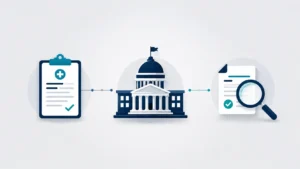 Minimalist illustration showing a medical clipboard, a government building, and a magnifying glass reviewing a document, representing verified information about Ben Sasse diagnosis.