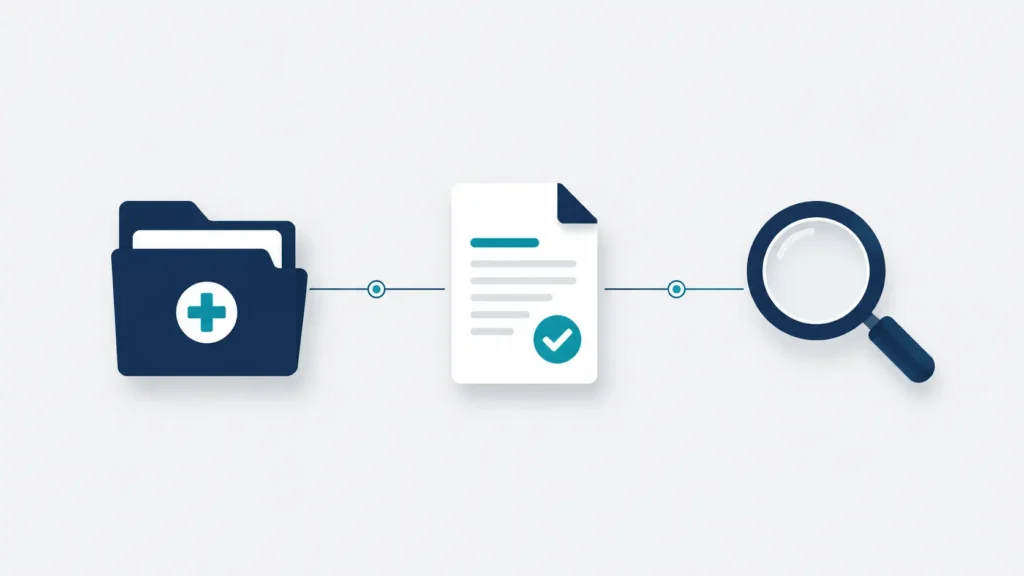 Simple flat-design illustration featuring a medical file, a verified document, and a magnifying glass connected by lines, symbolizing fact-checking and public information about Ben Sasse diagnosis.
