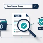 Professional flat-design illustration representing fact-checking related to Ben Sasse Face, featuring a search bar, a verified document under a magnifying glass, an information folder, and a shield with a checkmark connected by clean modern lines on a light gray background