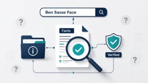 Professional flat-design illustration representing fact-checking related to Ben Sasse Face, featuring a search bar, a verified document under a magnifying glass, an information folder, and a shield with a checkmark connected by clean modern lines on a light gray background