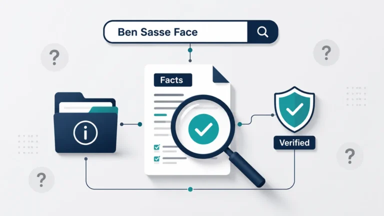 Professional flat-design illustration representing fact-checking related to Ben Sasse Face, featuring a search bar, a verified document under a magnifying glass, an information folder, and a shield with a checkmark connected by clean modern lines on a light gray background