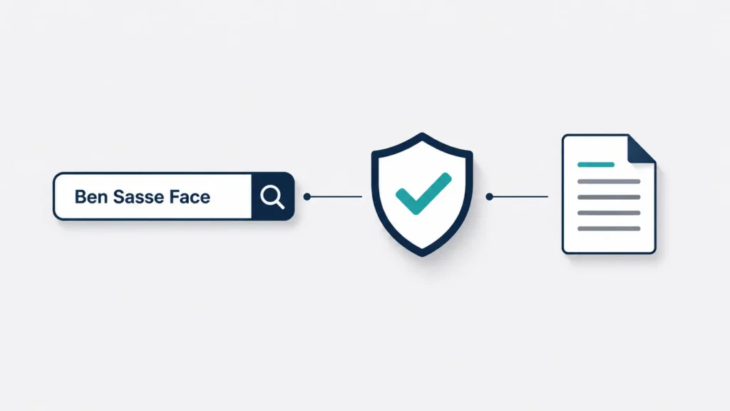 Minimalist flat-design illustration for Ben Sasse Face showing a search bar, a verification shield with a checkmark, and a document icon connected by thin lines on a clean light gray background with ample white space.