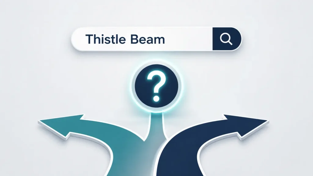 Professional flat-design illustration of Thistle Beam showing a search bar, glowing information icon with a question mark, and two diverging paths representing multiple possible meanings and online research.