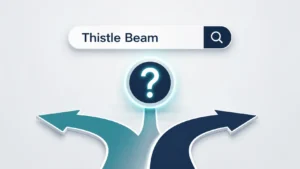 Professional flat-design illustration of Thistle Beam showing a search bar, glowing information icon with a question mark, and two diverging paths representing multiple possible meanings and online research.