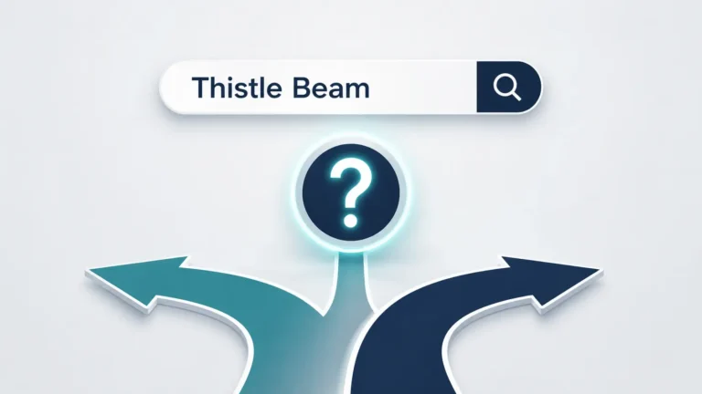 Professional flat-design illustration of Thistle Beam showing a search bar, glowing information icon with a question mark, and two diverging paths representing multiple possible meanings and online research.