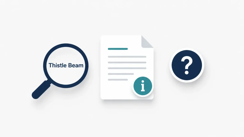 Minimalist Thistle Beam illustration featuring a magnifying glass, an information document, and a question mark icon symbolizing research, discovery, and an unclear search term.