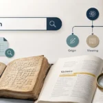 Professional editorial illustration of Griwen research featuring a search bar, historical manuscript, dictionary page, language tree, magnifying glass, and document icons on a clean background.