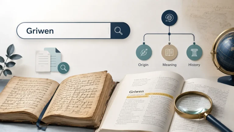 Professional editorial illustration of Griwen research featuring a search bar, historical manuscript, dictionary page, language tree, magnifying glass, and document icons on a clean background.
