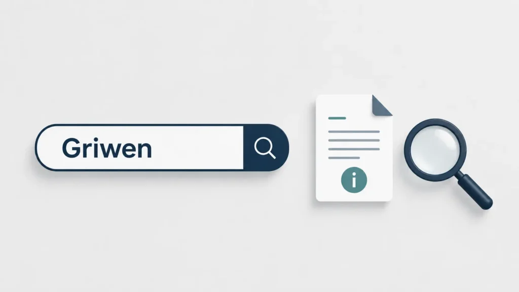 Minimalist flat illustration of Griwen with a search bar, information document, and magnifying glass on a clean light background representing word and meaning research.