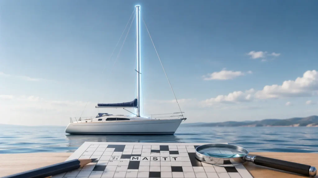 Professional illustration of a white sailboat with its mast highlighted beside a partially completed crossword puzzle, pencil, and magnifying glass representing the Sailboat's Post NYT crossword clue.