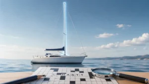 Professional illustration of a white sailboat with its mast highlighted beside a partially completed crossword puzzle, pencil, and magnifying glass representing the Sailboat's Post NYT crossword clue.