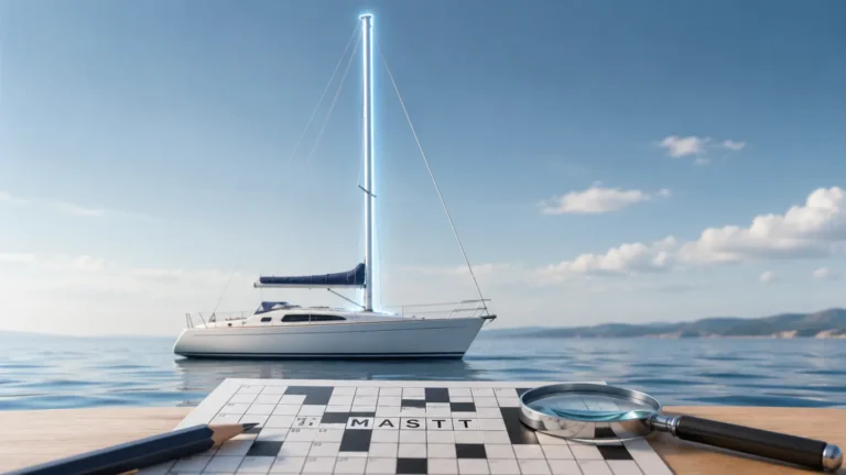 Professional illustration of a white sailboat with its mast highlighted beside a partially completed crossword puzzle, pencil, and magnifying glass representing the Sailboat's Post NYT crossword clue.