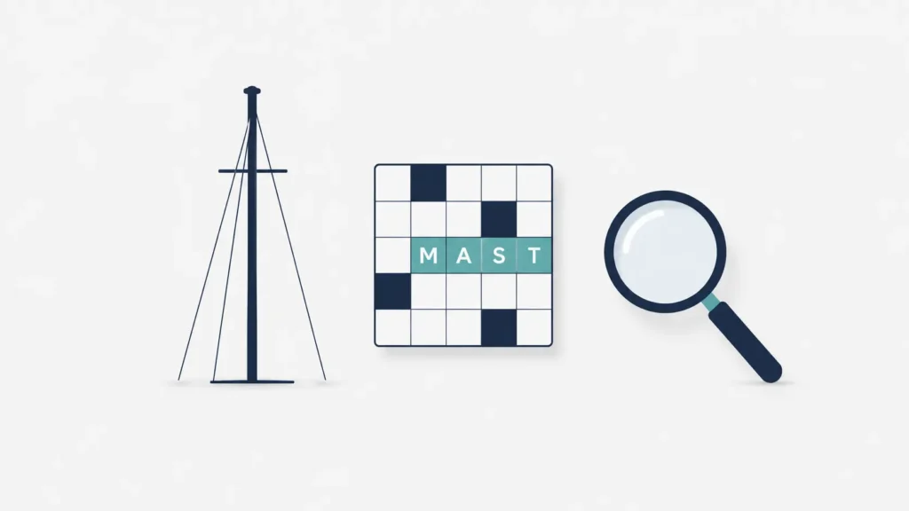 Minimalist illustration featuring a sailboat mast icon, a crossword grid with the highlighted answer "MAST," and a magnifying glass on a clean background for the Sailboat's Post NYT crossword clue.