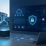 Professional illustration of a modern technology leadership workspace featuring cloud infrastructure, cybersecurity, AI network connections, software architecture diagrams, and digital insurance platform icons for a wefox VP of Technology article.
