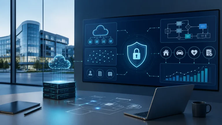 Professional illustration of a modern technology leadership workspace featuring cloud infrastructure, cybersecurity, AI network connections, software architecture diagrams, and digital insurance platform icons for a wefox VP of Technology article.