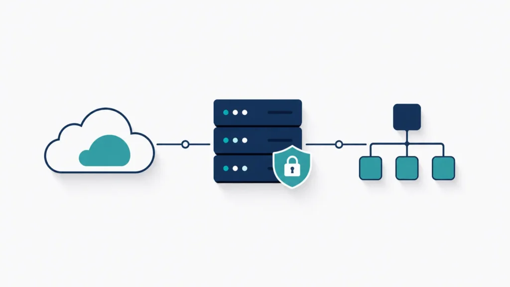 Minimalist wefox VP of Technology illustration featuring a cloud computing icon, secure server stack with a shield, and an organizational hierarchy diagram representing technology leadership.
