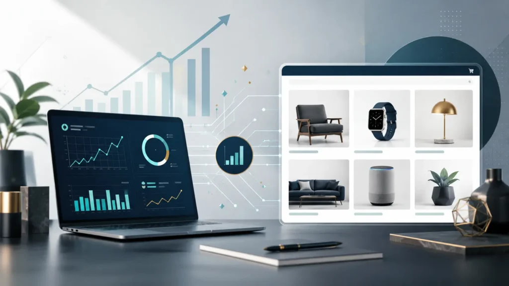Professional illustration of a modern investment dashboard connected to a premium online marketplace, representing Whitehawk Ventures Touch of Modern, venture capital, business growth, and curated e-commerce.