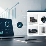 Professional illustration of a modern investment dashboard connected to a premium online marketplace, representing Whitehawk Ventures Touch of Modern, venture capital, business growth, and curated e-commerce.