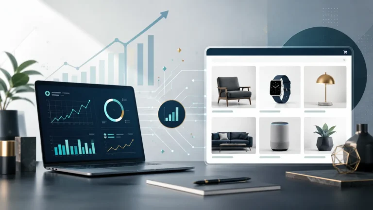 Professional illustration of a modern investment dashboard connected to a premium online marketplace, representing Whitehawk Ventures Touch of Modern, venture capital, business growth, and curated e-commerce.