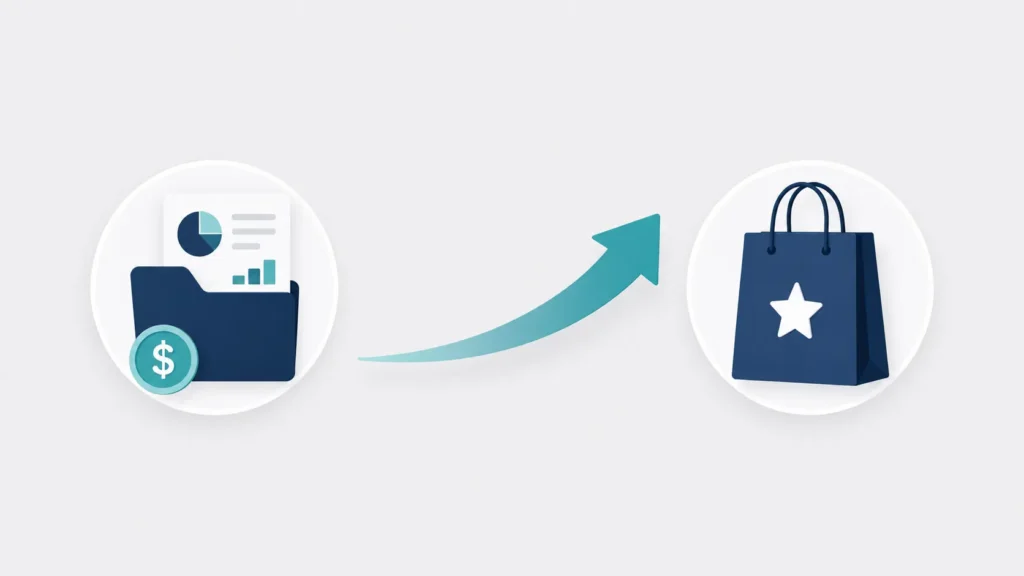 Minimalist illustration showing an investment portfolio icon, premium shopping bag, and growth arrow symbolizing Whitehawk Ventures Touch of Modern, venture investing, and modern retail innovation.