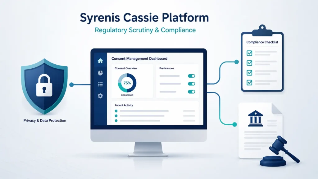 Syrenis Cassie Platform Regulatory Scrutiny illustration showing a consent management dashboard connected to a privacy shield, compliance checklist, and regulatory document, representing enterprise data privacy and regulatory compliance.