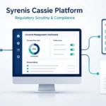 Syrenis Cassie Platform Regulatory Scrutiny illustration showing a consent management dashboard connected to a privacy shield, compliance checklist, and regulatory document, representing enterprise data privacy and regulatory compliance.