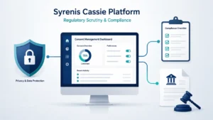 Syrenis Cassie Platform Regulatory Scrutiny illustration showing a consent management dashboard connected to a privacy shield, compliance checklist, and regulatory document, representing enterprise data privacy and regulatory compliance.
