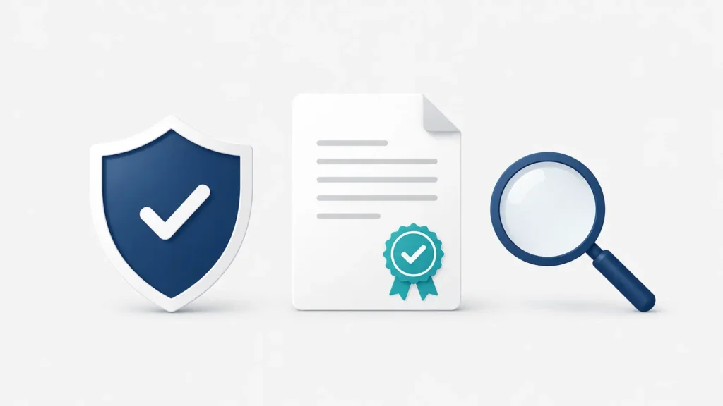 Minimalist Syrenis Cassie Platform Regulatory Scrutiny illustration featuring a privacy shield with a checkmark, compliance document, and magnifying glass to represent data protection, consent management, and regulatory review.