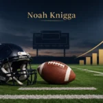 Noah Knigga high school American football illustration featuring a football field, helmet, football, scoreboard, and upward performance chart representing athletic growth.