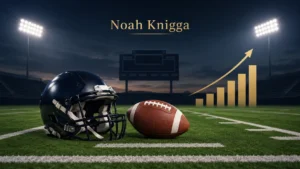 Noah Knigga high school American football illustration featuring a football field, helmet, football, scoreboard, and upward performance chart representing athletic growth.