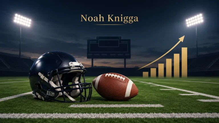Noah Knigga high school American football illustration featuring a football field, helmet, football, scoreboard, and upward performance chart representing athletic growth.