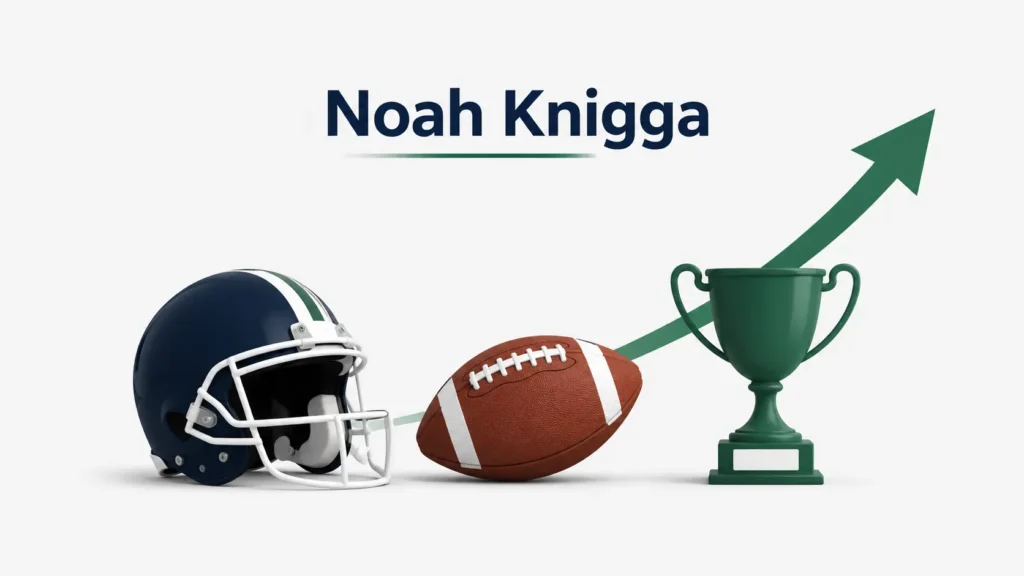 Minimalist Noah Knigga illustration with an American football, football helmet, trophy, and upward arrow symbolizing high school football success and future potential.