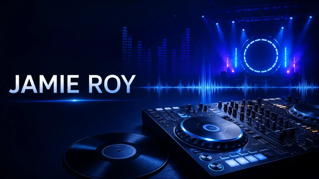 Professional illustration of a DJ controller, audio mixer, vinyl record, and sound wave graphics representing Jamie Roy's electronic music career.