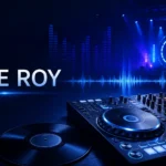 Professional illustration of a DJ controller, audio mixer, vinyl record, and sound wave graphics representing Jamie Roy's electronic music career.