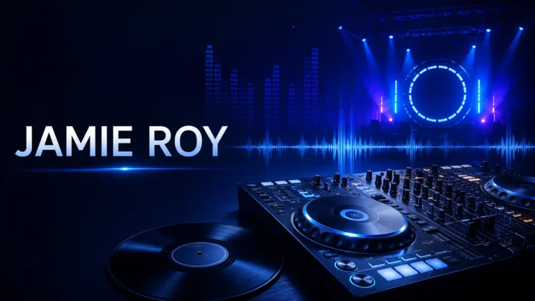 Professional illustration of a DJ controller, audio mixer, vinyl record, and sound wave graphics representing Jamie Roy's electronic music career.