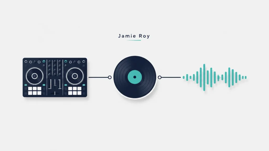 Minimalist illustration showing a DJ controller, vinyl record, and sound wave icons connected in a clean design representing Jamie Roy.