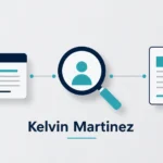 Minimalist landscape illustration showing a profile ID card, magnifying glass, and digital document connected by thin lines, representing research and identity verification for Kelvin Martinez.