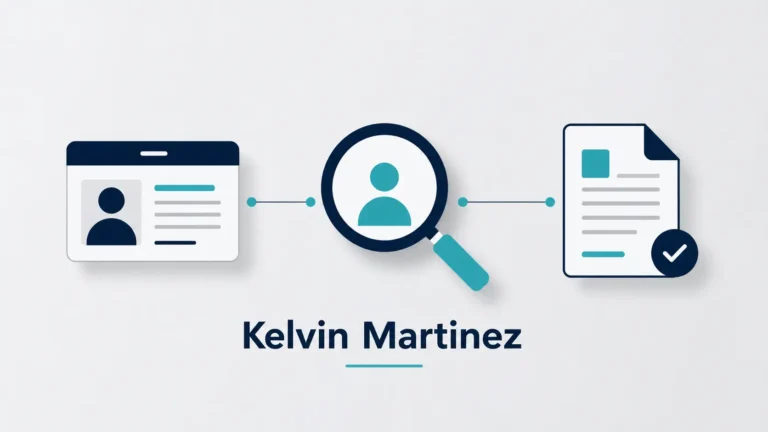 Minimalist landscape illustration showing a profile ID card, magnifying glass, and digital document connected by thin lines, representing research and identity verification for Kelvin Martinez.