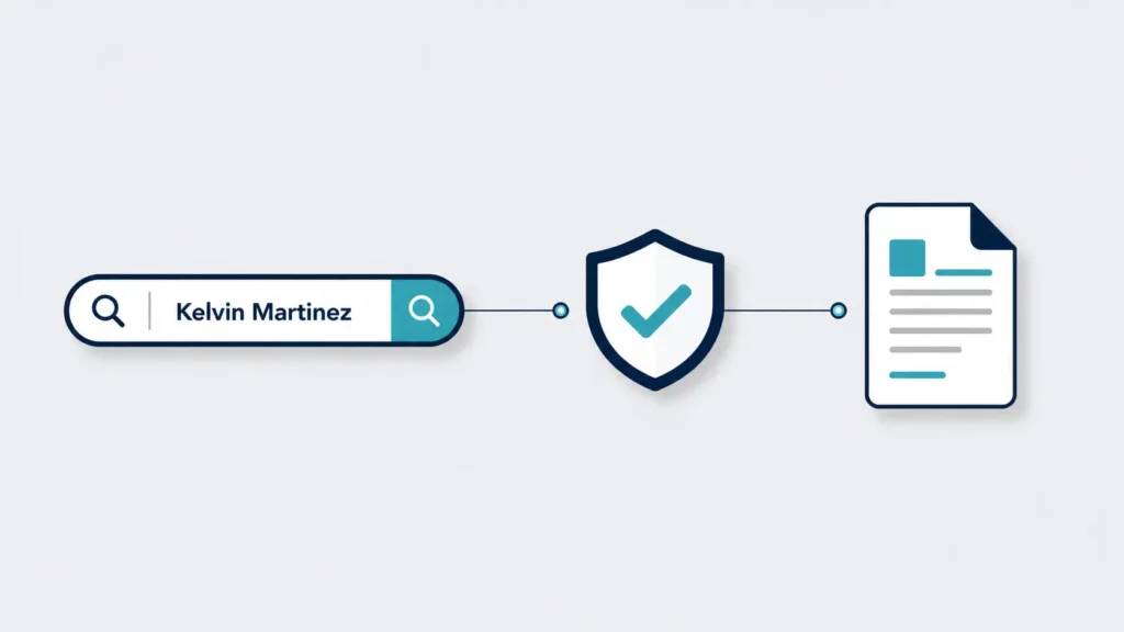 Simple flat-design landscape illustration featuring a search bar labeled "Kelvin Martinez," a verification shield, and a document icon connected by clean lines on a light gray background.