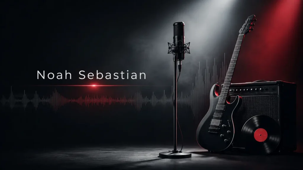 Noah Sebastian themed illustration featuring a studio microphone, electric guitar, amplifier, vinyl record, and soundwave on a dark concert-style background.